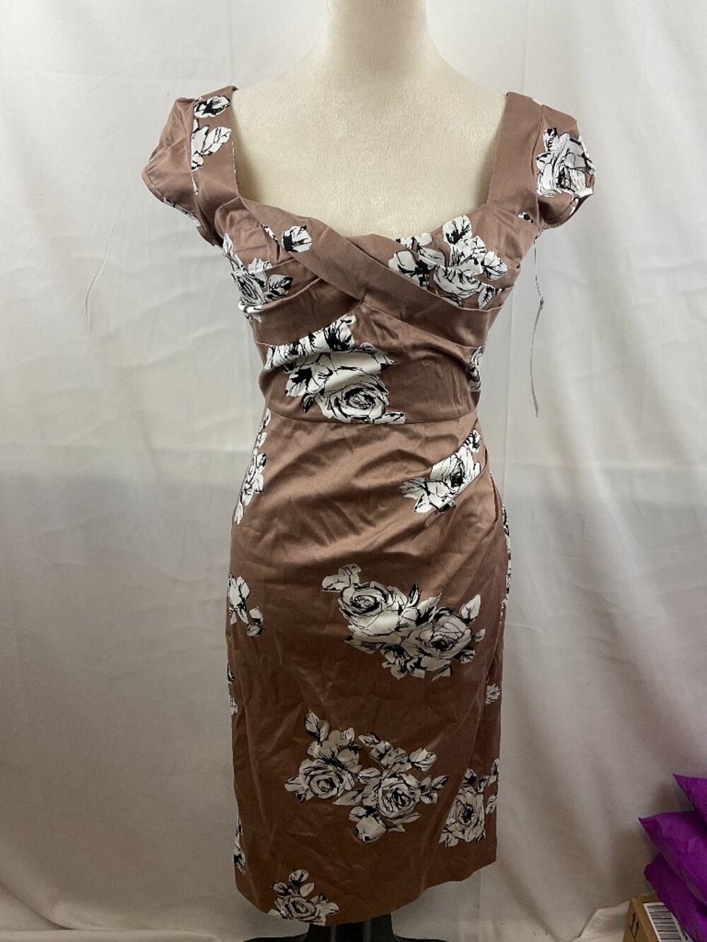 Stop Staring Pin-Up Pencil Dress M Taupe White Black Floral Pleated Cap Sleeve